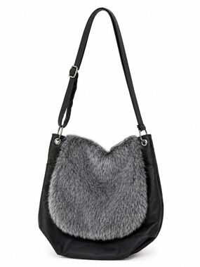 Vintage Faux Leather & Faux Fur Hobo Bag Black Crossbody Slouchy Y2K